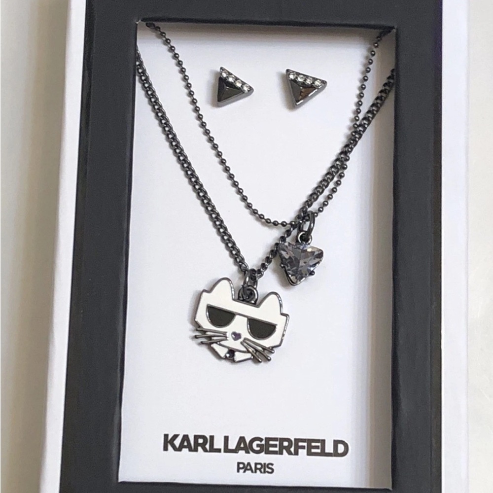 Karl Lagerfeld Paris Choupette Layered Pendant Necklace & Stud Earring Set NIB